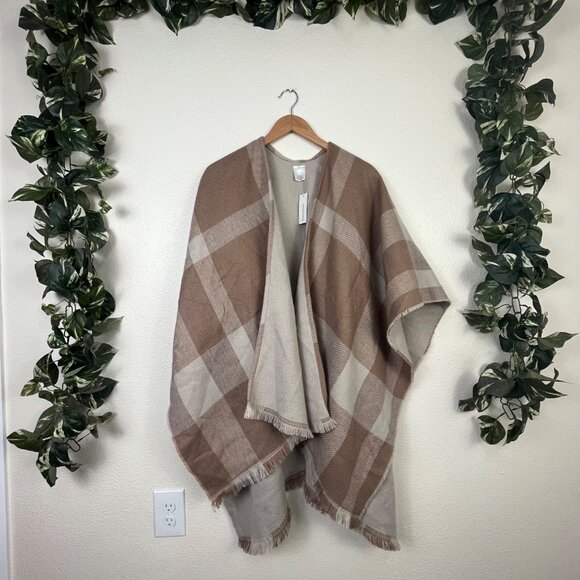 Francesca’s Plaid Knit Open Shawl NWT Brown Tan Women’s One Size - Picture 1 of 8